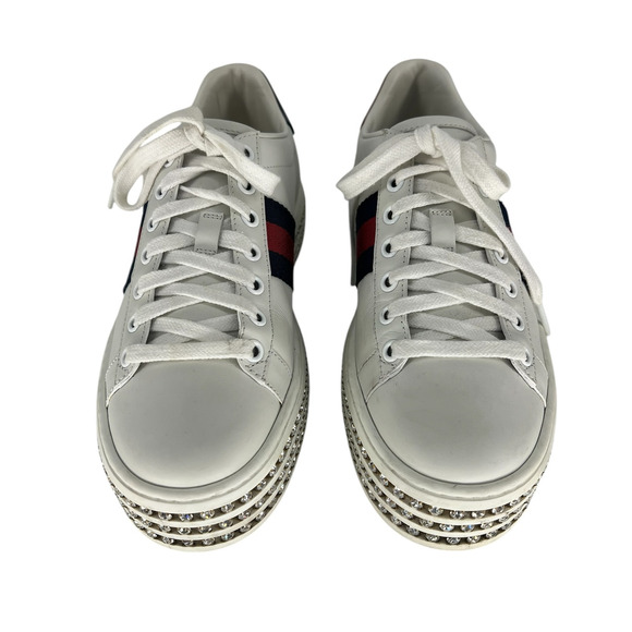 Gucci Ace Web Platform Crystal Embellished Leather Sneakers - Picture 5 of 16